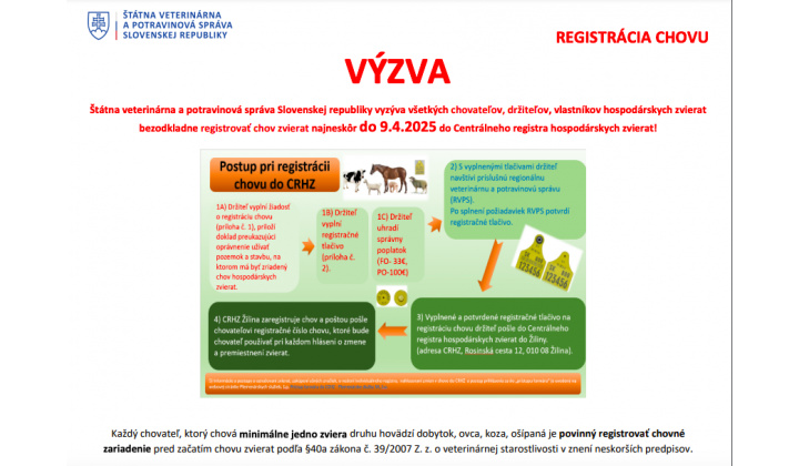 Výzva na registráciu chovu hospodárskych zvierat
