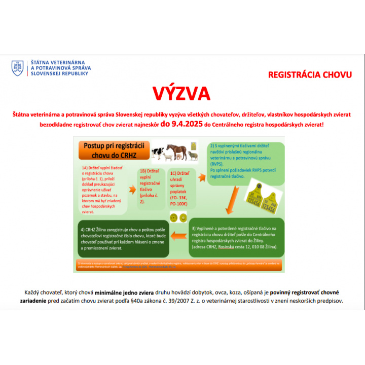 Výzva na registráciu chovu hospodárskych zvierat